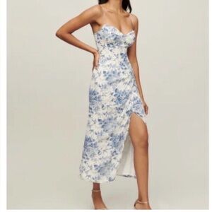 Reformation Kourtney Blue and White Floral Slip Midi Dress with Side Slit